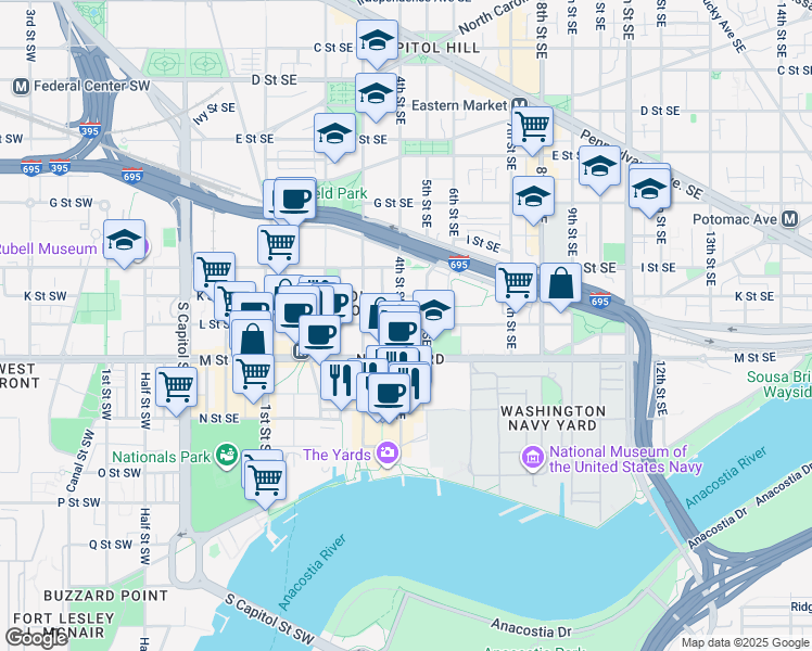 map of restaurants, bars, coffee shops, grocery stores, and more near 403 L Street Southeast in Washington