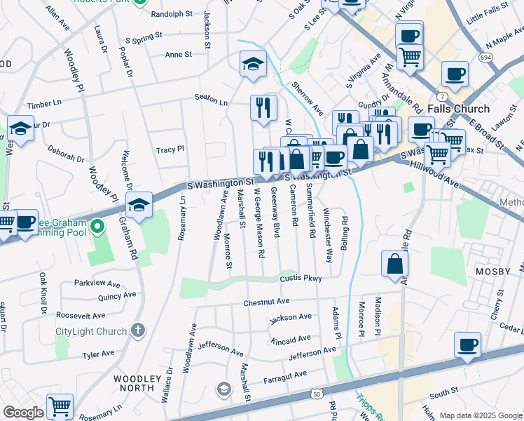 map of restaurants, bars, coffee shops, grocery stores, and more near 2805 West George Mason Road in Falls Church