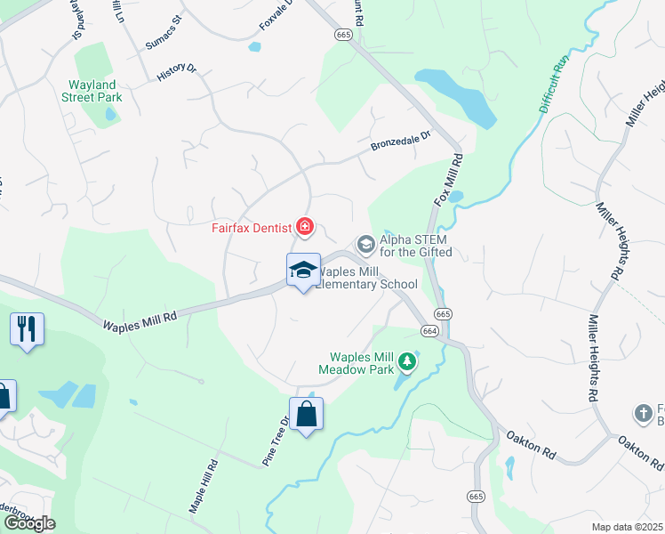 map of restaurants, bars, coffee shops, grocery stores, and more near 3473 Lloyd Hill Court in Oakton