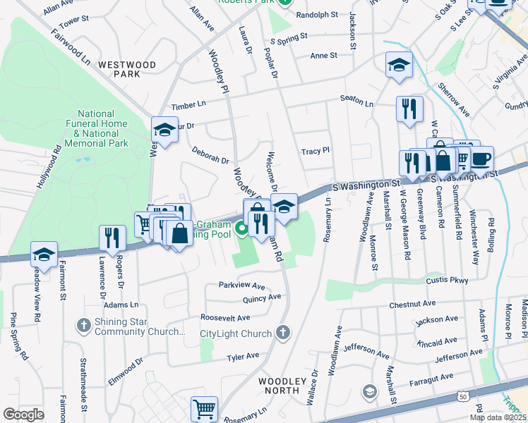 map of restaurants, bars, coffee shops, grocery stores, and more near Lee Highway & Graham Road in Falls Church