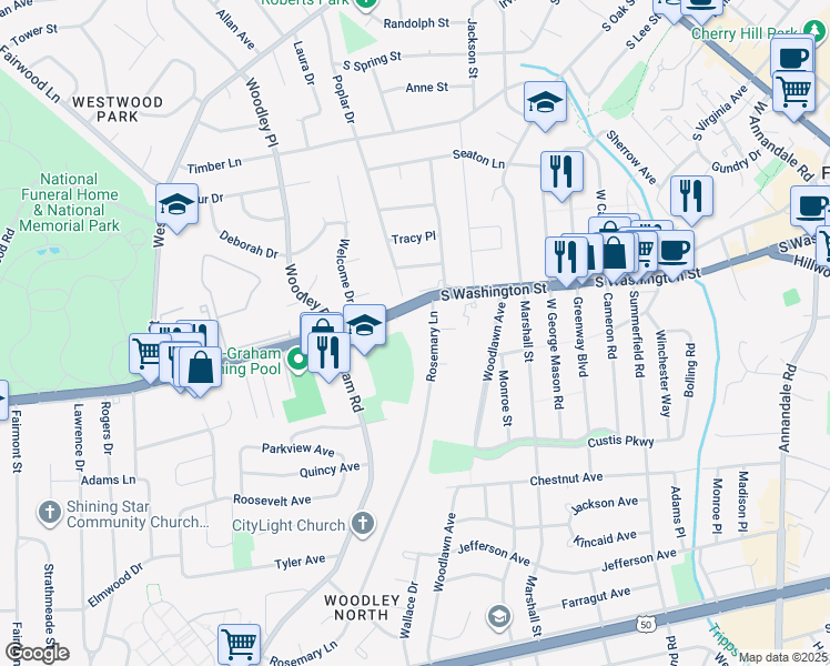 map of restaurants, bars, coffee shops, grocery stores, and more near 2812 Rosemary Lane in Falls Church
