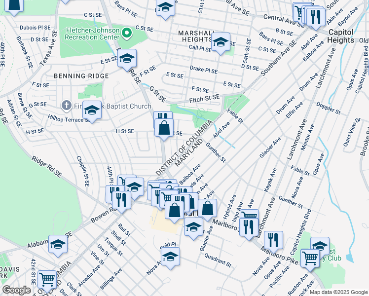 map of restaurants, bars, coffee shops, grocery stores, and more near 5112 Southern Avenue Southeast in Washington