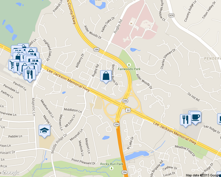 map of restaurants, bars, coffee shops, grocery stores, and more near 3962 Rosebay Court in Fairfax