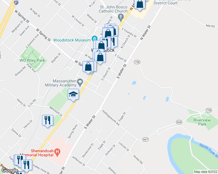map of restaurants, bars, coffee shops, grocery stores, and more near 308 South Water Street in Woodstock
