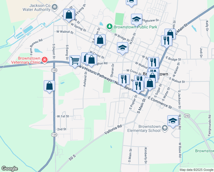 map of restaurants, bars, coffee shops, grocery stores, and more near 608 West Commerce Street in Brownstown