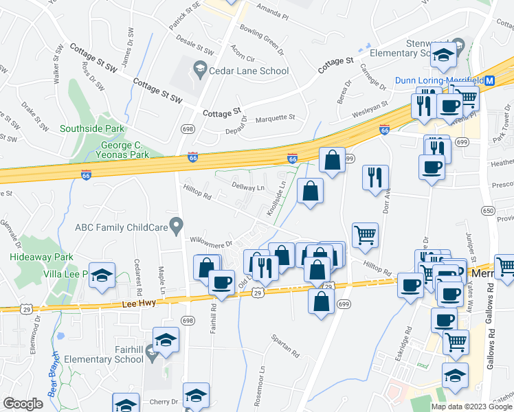 map of restaurants, bars, coffee shops, grocery stores, and more near 2832 Andiron Lane in Vienna