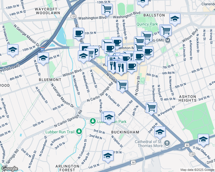map of restaurants, bars, coffee shops, grocery stores, and more near 4305 North Carlin Springs Road in Arlington