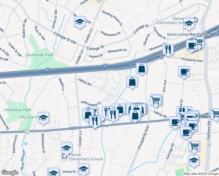 map of restaurants, bars, coffee shops, grocery stores, and more near 2832 Andiron Lane in Vienna