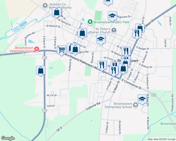 map of restaurants, bars, coffee shops, grocery stores, and more near 608 West Commerce Street in Brownstown