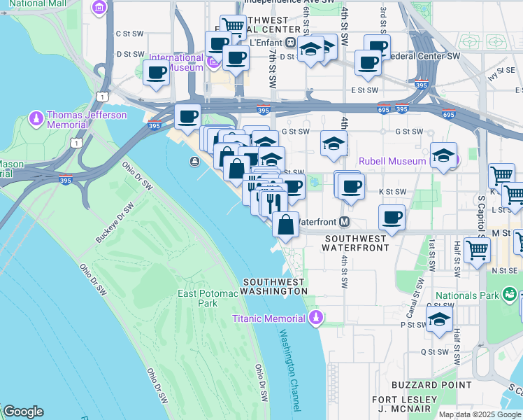 map of restaurants, bars, coffee shops, grocery stores, and more near 670 Maine Avenue Southwest in Washington
