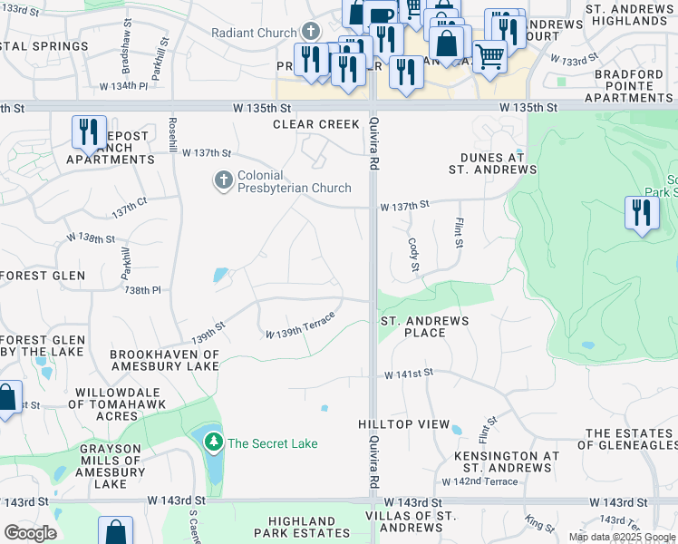 map of restaurants, bars, coffee shops, grocery stores, and more near 13837 Bentley Street in Overland Park