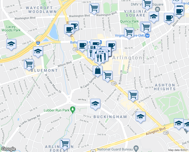 map of restaurants, bars, coffee shops, grocery stores, and more near 4305 North Carlin Springs Road in Arlington