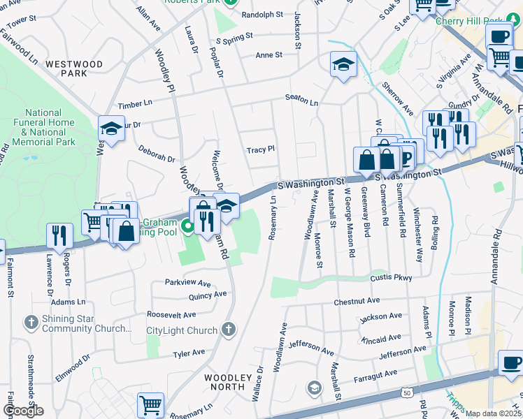map of restaurants, bars, coffee shops, grocery stores, and more near 2812 Rosemary Lane in Falls Church