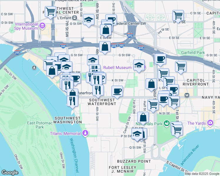 map of restaurants, bars, coffee shops, grocery stores, and more near 101 Independence Avenue Southeast in Washington