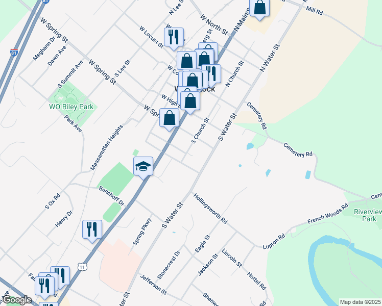 map of restaurants, bars, coffee shops, grocery stores, and more near 329 South Church Street in Woodstock