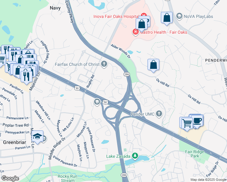 map of restaurants, bars, coffee shops, grocery stores, and more near 3949 Rosebay Court in Fairfax