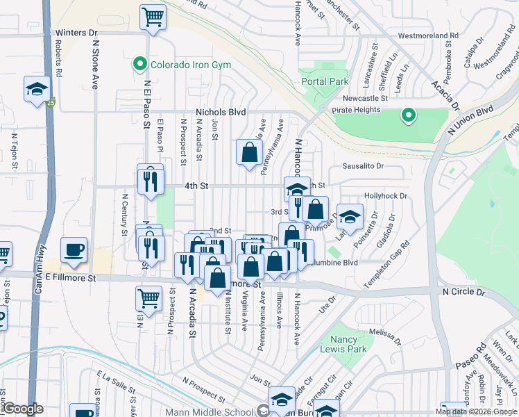 map of restaurants, bars, coffee shops, grocery stores, and more near 3115 Virginia Avenue in Colorado Springs