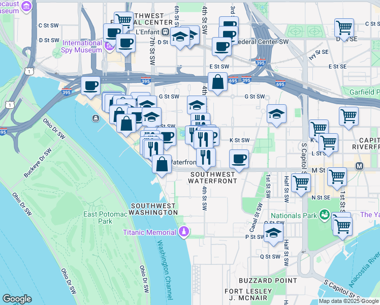 map of restaurants, bars, coffee shops, grocery stores, and more near 101 Independence Avenue Southeast in Washington