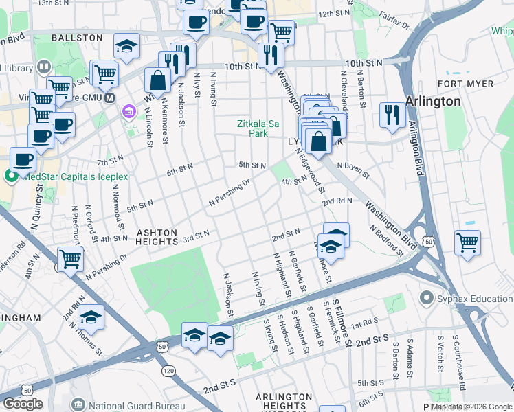 map of restaurants, bars, coffee shops, grocery stores, and more near 312 North Highland Street in Arlington