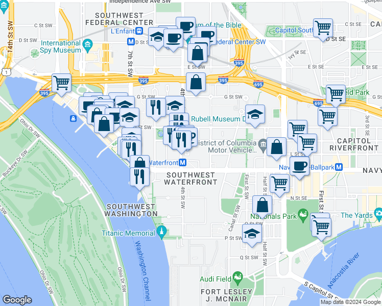 map of restaurants, bars, coffee shops, grocery stores, and more near 1151 4th Street Southwest in Washington