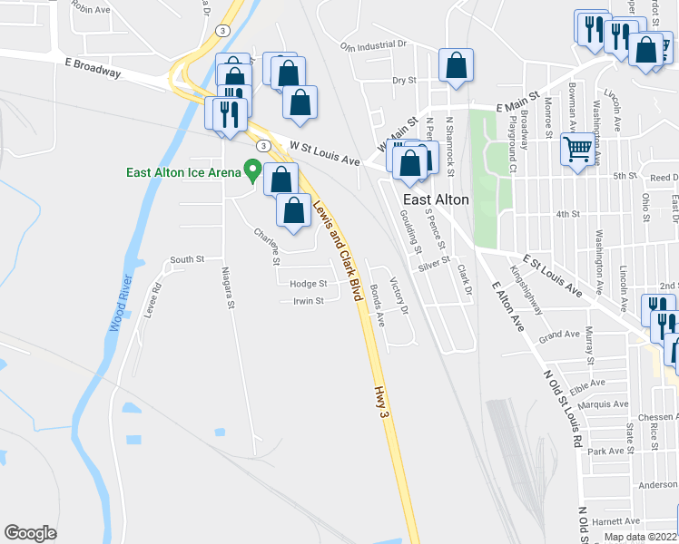 map of restaurants, bars, coffee shops, grocery stores, and more near 104 Sheppard Street in East Alton