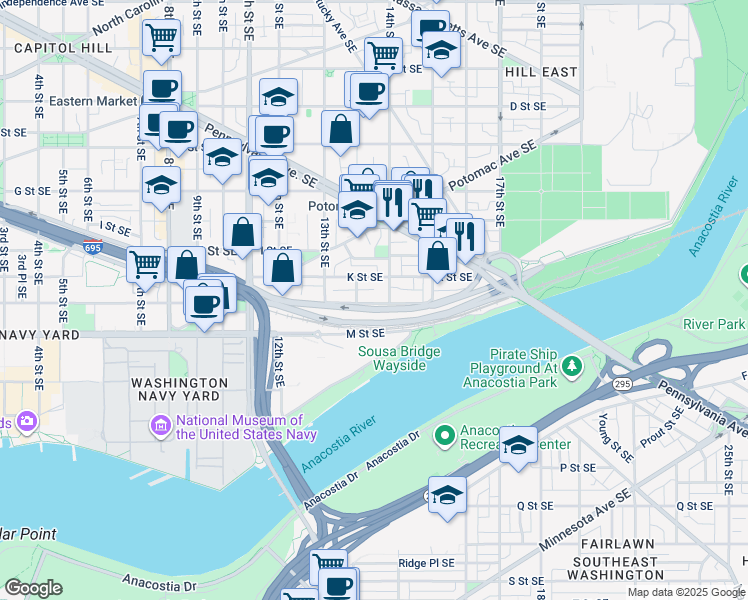 map of restaurants, bars, coffee shops, grocery stores, and more near 1362 L Street Southeast in Washington