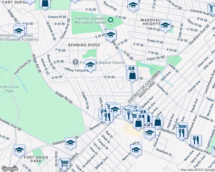 map of restaurants, bars, coffee shops, grocery stores, and more near 1127 46th Street Southeast in Washington