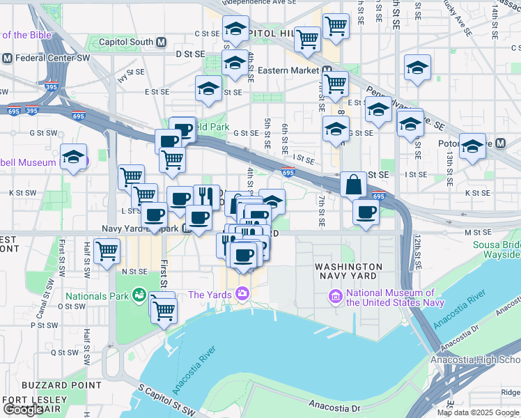 map of restaurants, bars, coffee shops, grocery stores, and more near 418 L Street Southeast in Washington