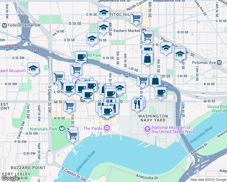 map of restaurants, bars, coffee shops, grocery stores, and more near 412 L Street Southeast in Washington