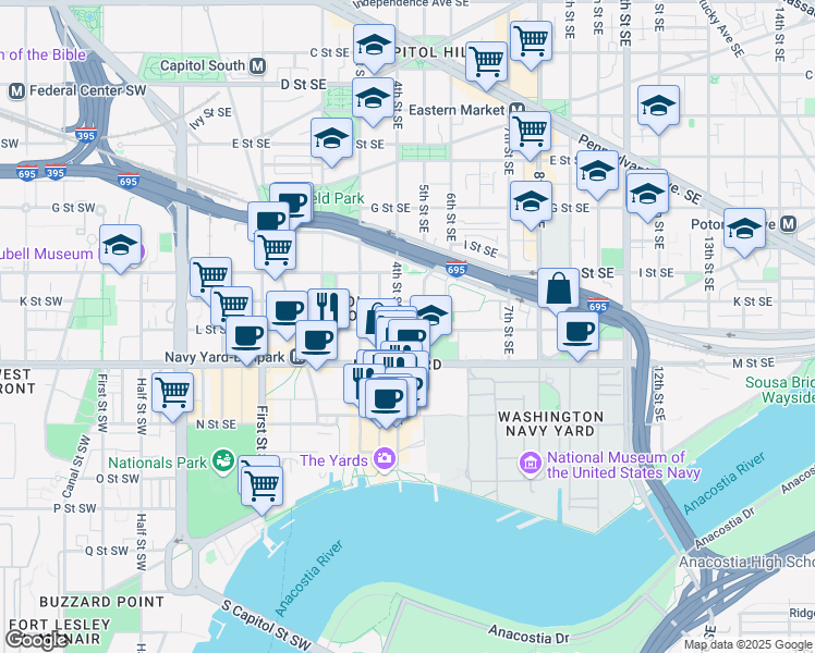 map of restaurants, bars, coffee shops, grocery stores, and more near 410 L Street Southeast in Washington