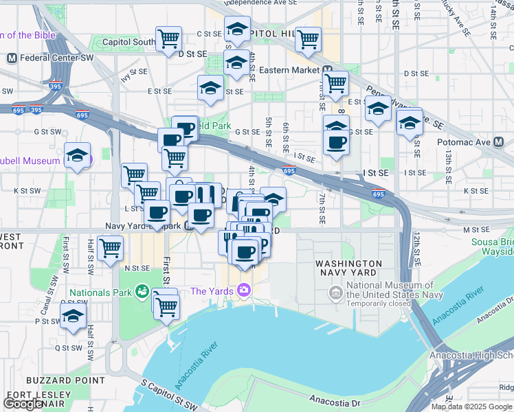 map of restaurants, bars, coffee shops, grocery stores, and more near 408 L Street Southeast in Washington