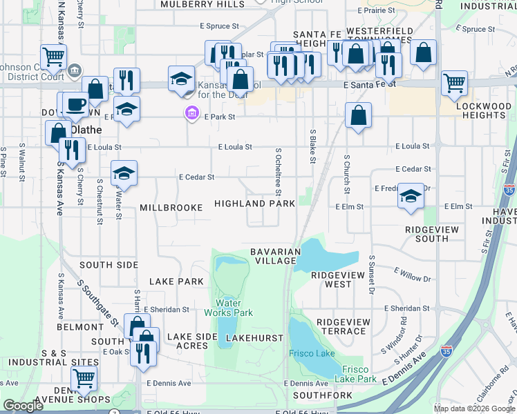 map of restaurants, bars, coffee shops, grocery stores, and more near 4418 South Lane Street in Olathe