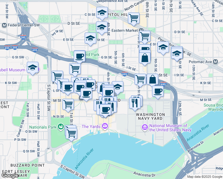 map of restaurants, bars, coffee shops, grocery stores, and more near 412 L Street Southeast in Washington