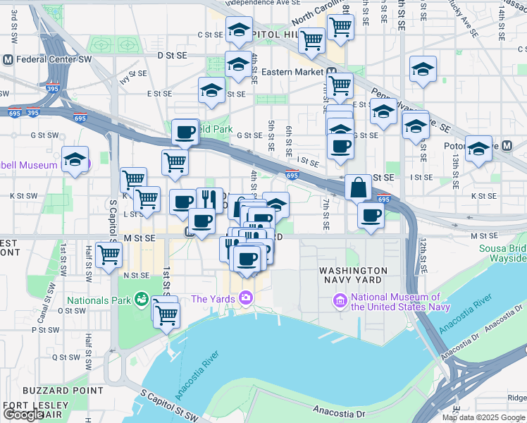 map of restaurants, bars, coffee shops, grocery stores, and more near 418 L Street Southeast in Washington