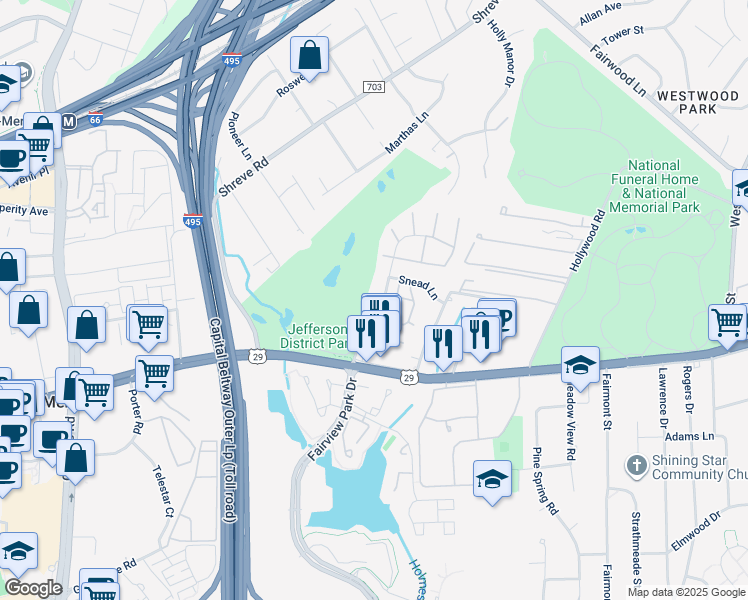 map of restaurants, bars, coffee shops, grocery stores, and more near 2784 Hyson Lane in Falls Church