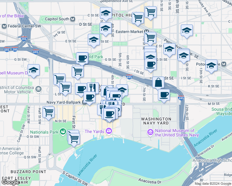 map of restaurants, bars, coffee shops, grocery stores, and more near 414 L Street Southeast in Washington