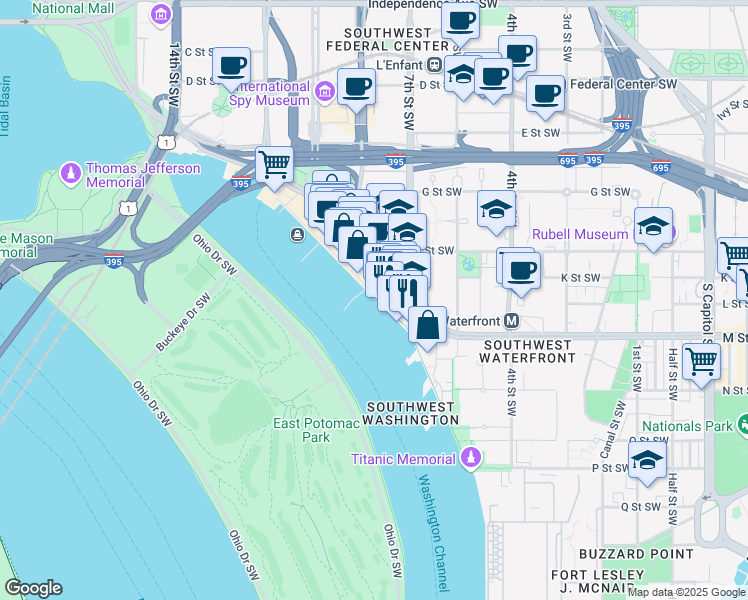 map of restaurants, bars, coffee shops, grocery stores, and more near 601 Wharf Street Southwest in Washington