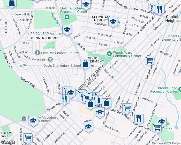 map of restaurants, bars, coffee shops, grocery stores, and more near 835 51st Street Southeast in Washington