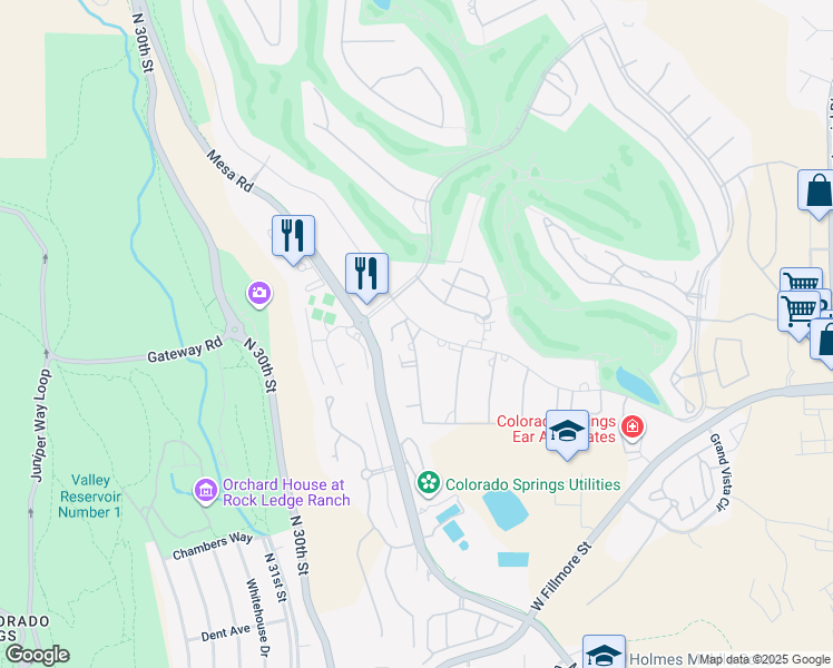 map of restaurants, bars, coffee shops, grocery stores, and more near 3135 Sunnybrook Lane in Colorado Springs