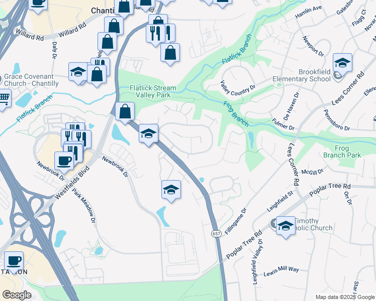 map of restaurants, bars, coffee shops, grocery stores, and more near 4556 Morningdale Drive in Chantilly