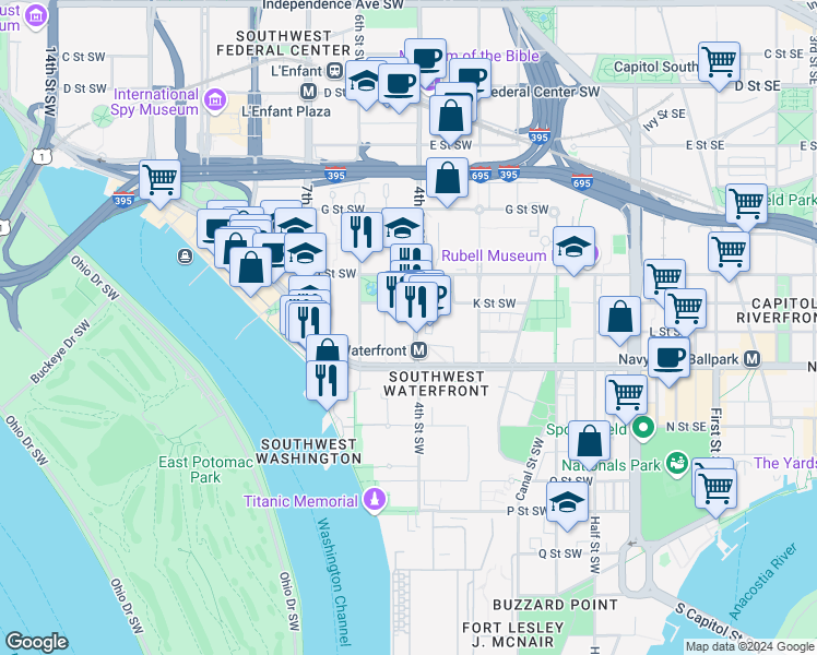 map of restaurants, bars, coffee shops, grocery stores, and more near 1101 4th Street Southwest in Washington