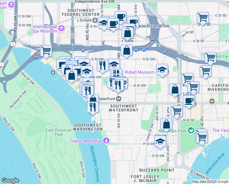 map of restaurants, bars, coffee shops, grocery stores, and more near 1101 4th Street Southwest in Washington