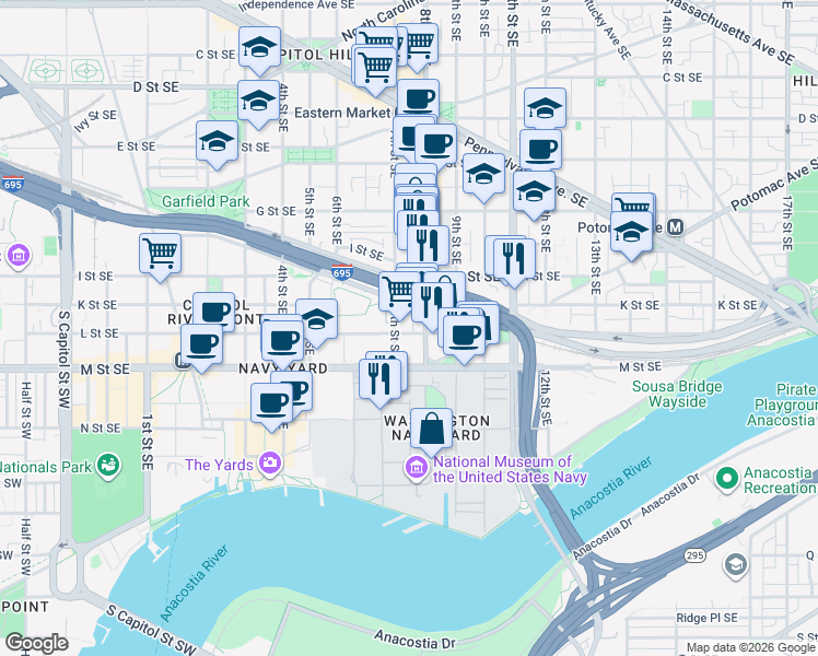 map of restaurants, bars, coffee shops, grocery stores, and more near 101 Independence Avenue Southeast in Washington