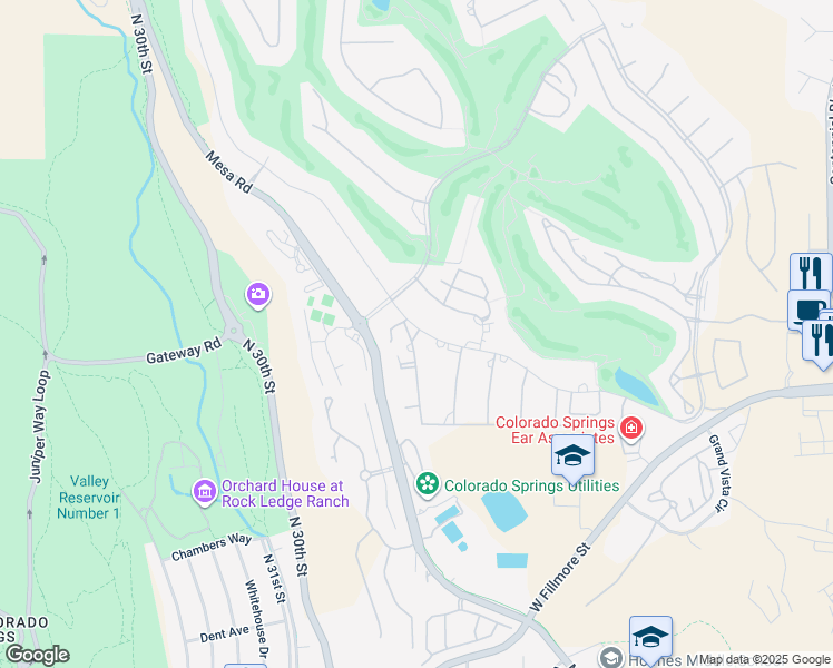 map of restaurants, bars, coffee shops, grocery stores, and more near 3135 Sunnybrook Lane in Colorado Springs