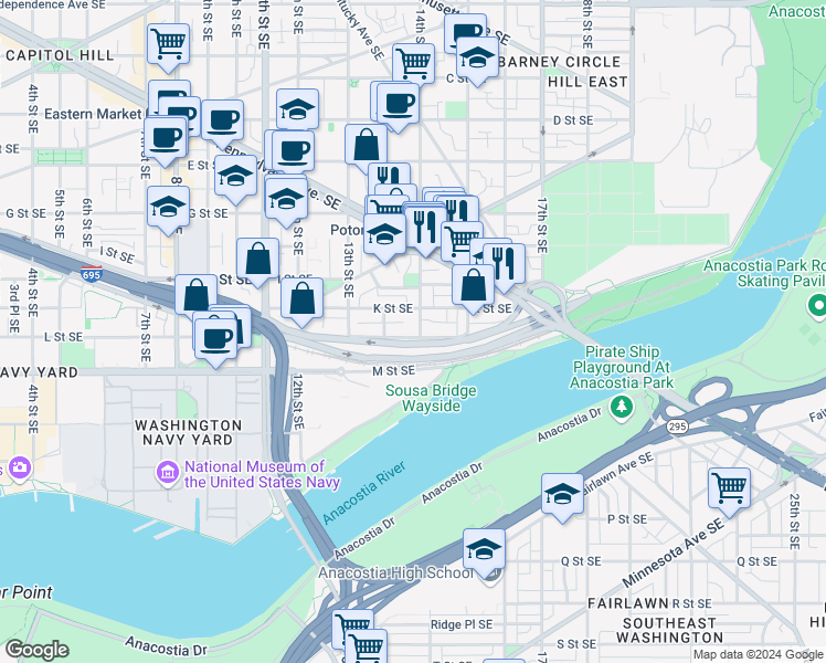 map of restaurants, bars, coffee shops, grocery stores, and more near 101 Independence Avenue Southeast in Washington