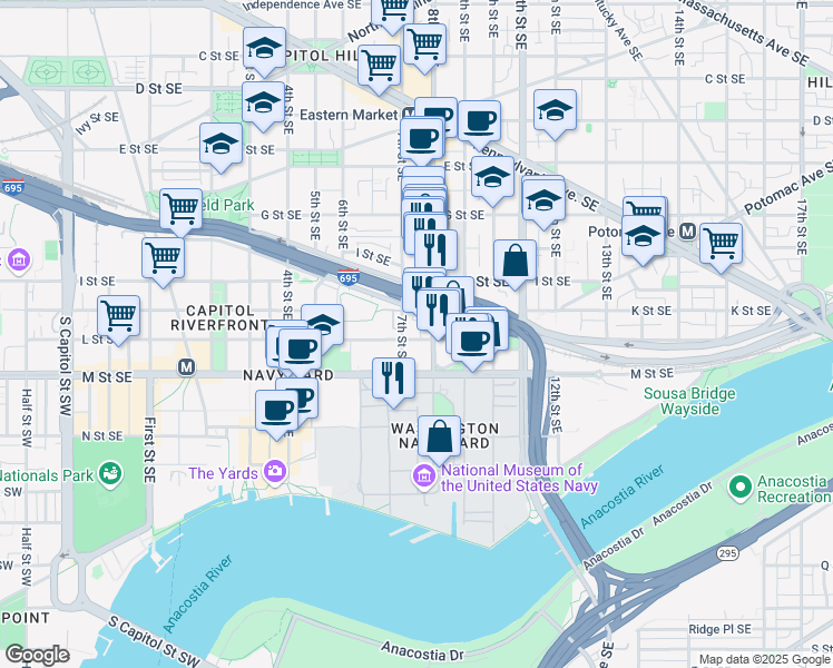 map of restaurants, bars, coffee shops, grocery stores, and more near 101 Independence Avenue Southeast in Washington