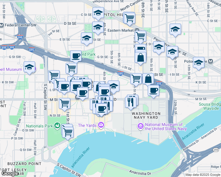 map of restaurants, bars, coffee shops, grocery stores, and more near 101 Independence Avenue Southeast in Washington