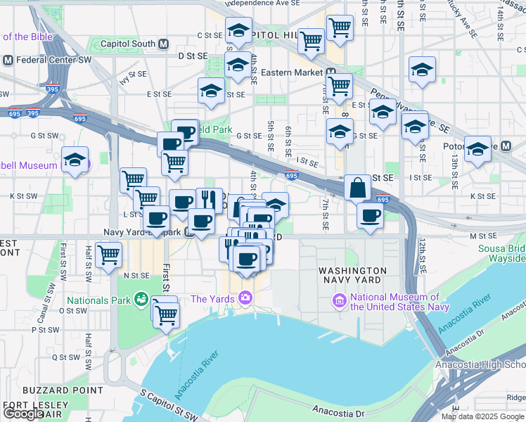map of restaurants, bars, coffee shops, grocery stores, and more near 101 Independence Avenue Southeast in Washington