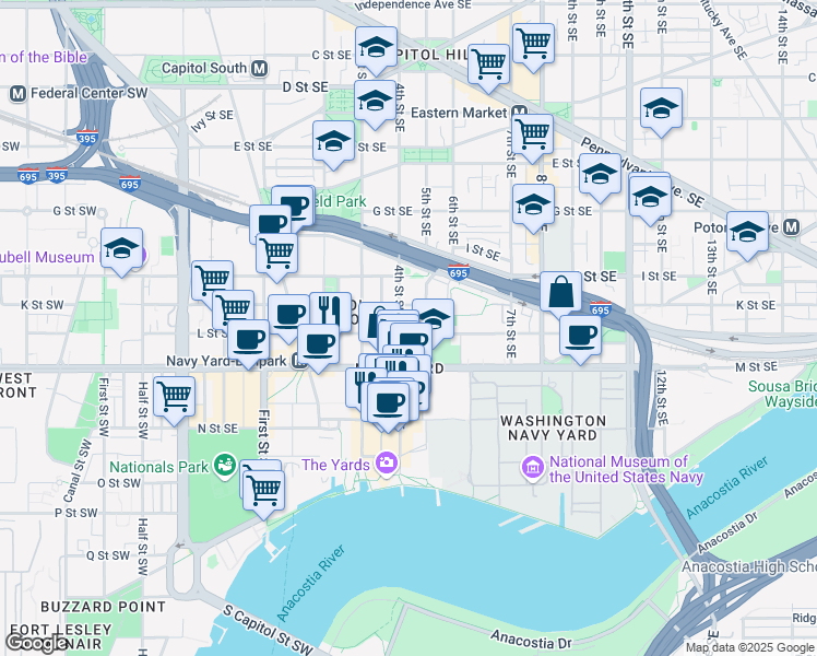 map of restaurants, bars, coffee shops, grocery stores, and more near 101 Independence Avenue Southeast in Washington