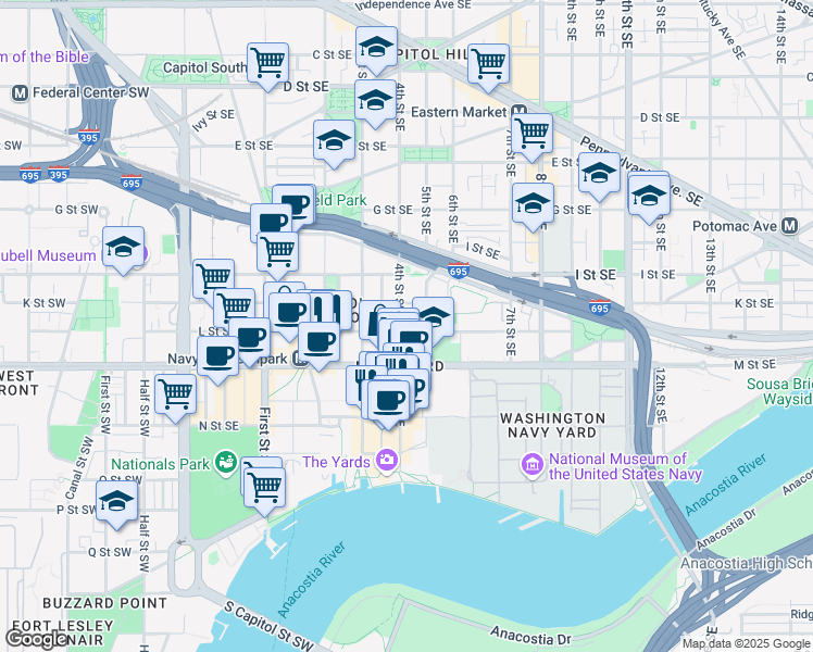 map of restaurants, bars, coffee shops, grocery stores, and more near 101 Independence Avenue Southeast in Washington